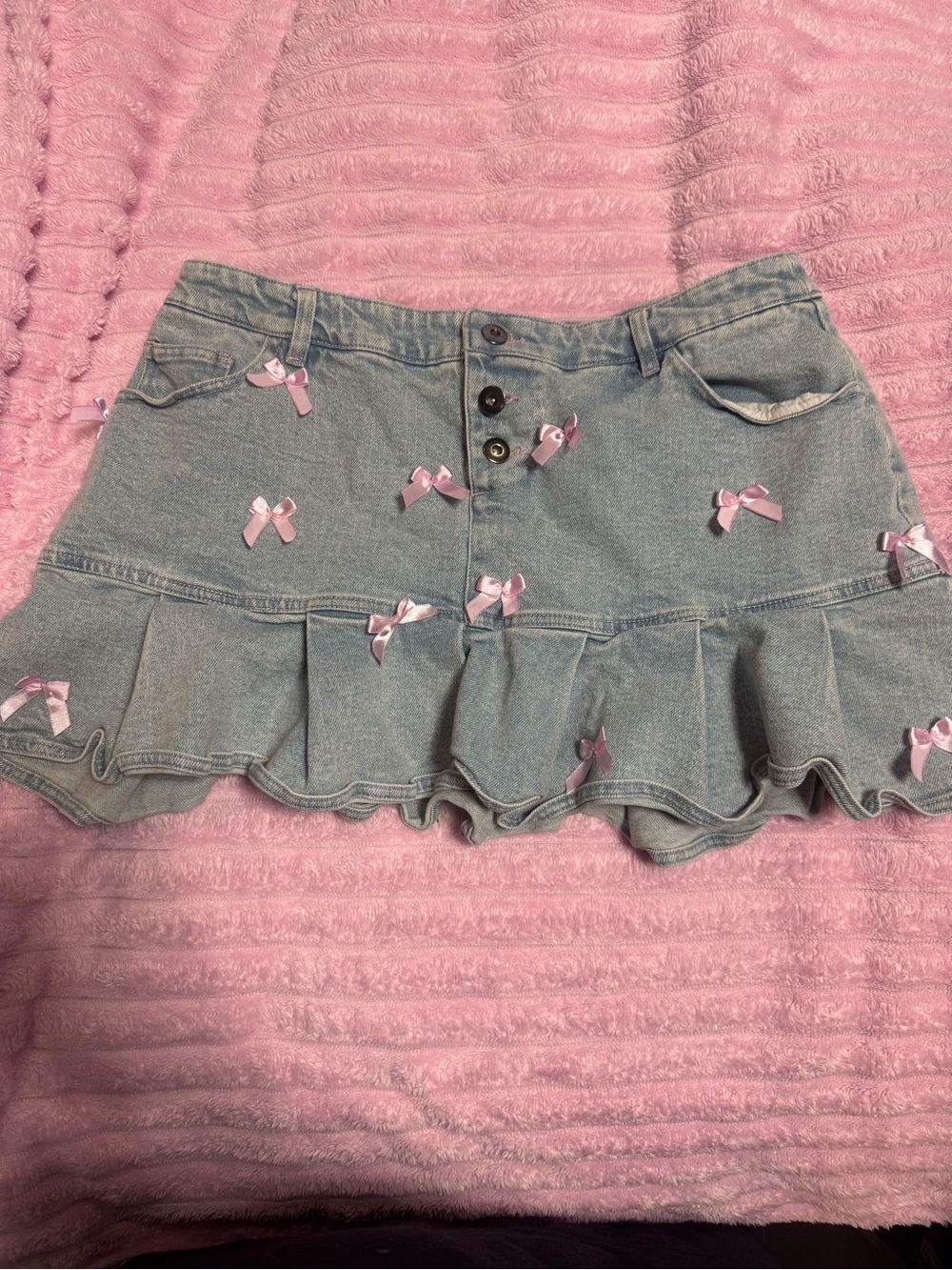 Light Blue Denim Mini Skirt with Pink Ribbon Accents